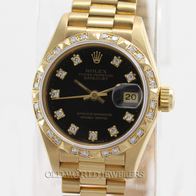 Rolex Lady Datejust Ref 69258 18K Gold Black Diamond Dial Pyramid Bezel